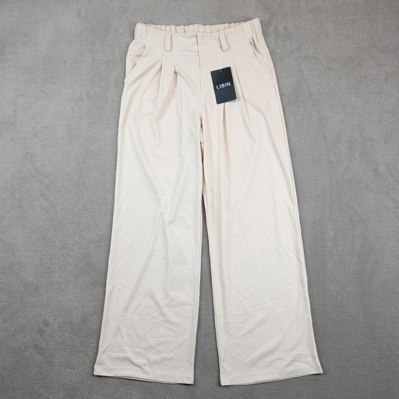 Libin Size M Cream Beige Waffle Knit Wide Leg Pleated Trousers High Waist NWT — photo 2